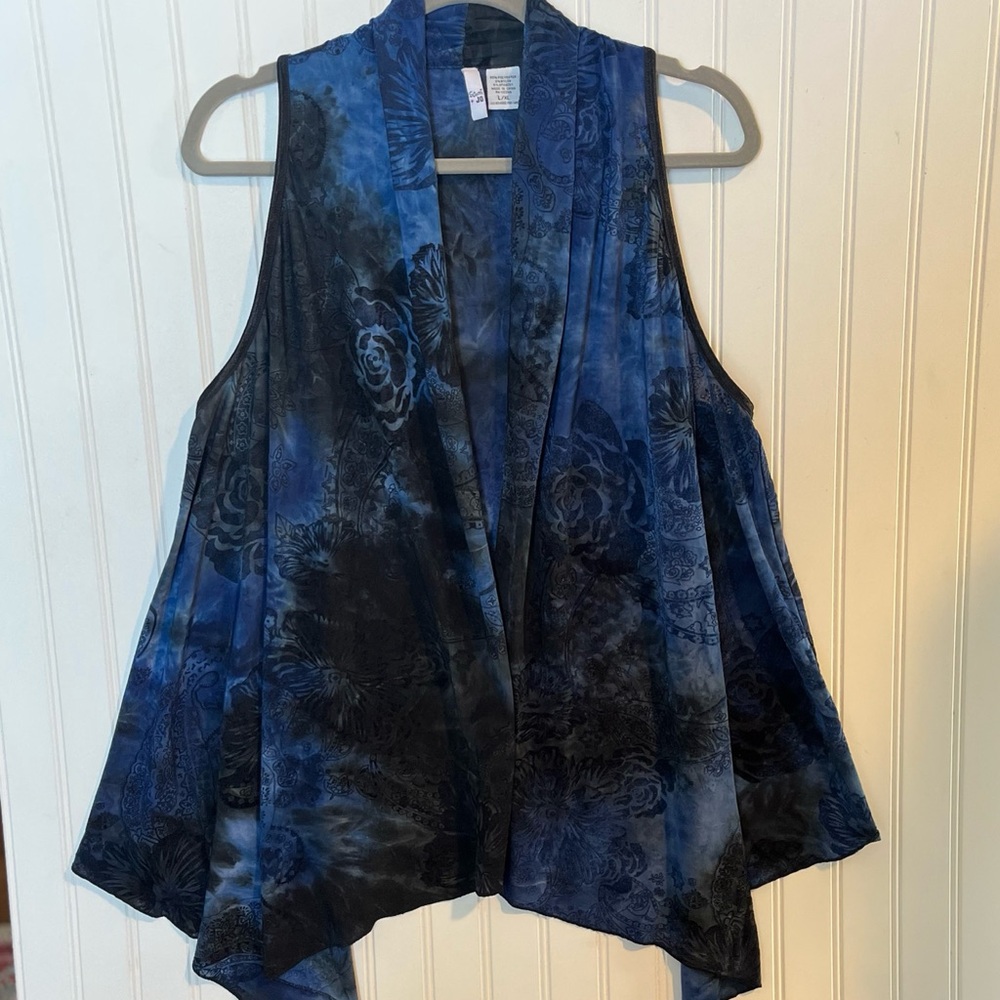 Sami + Jo Velvet Burnout Whimsigoth Open Cardigan Vest Floral Boho Blue L/XL